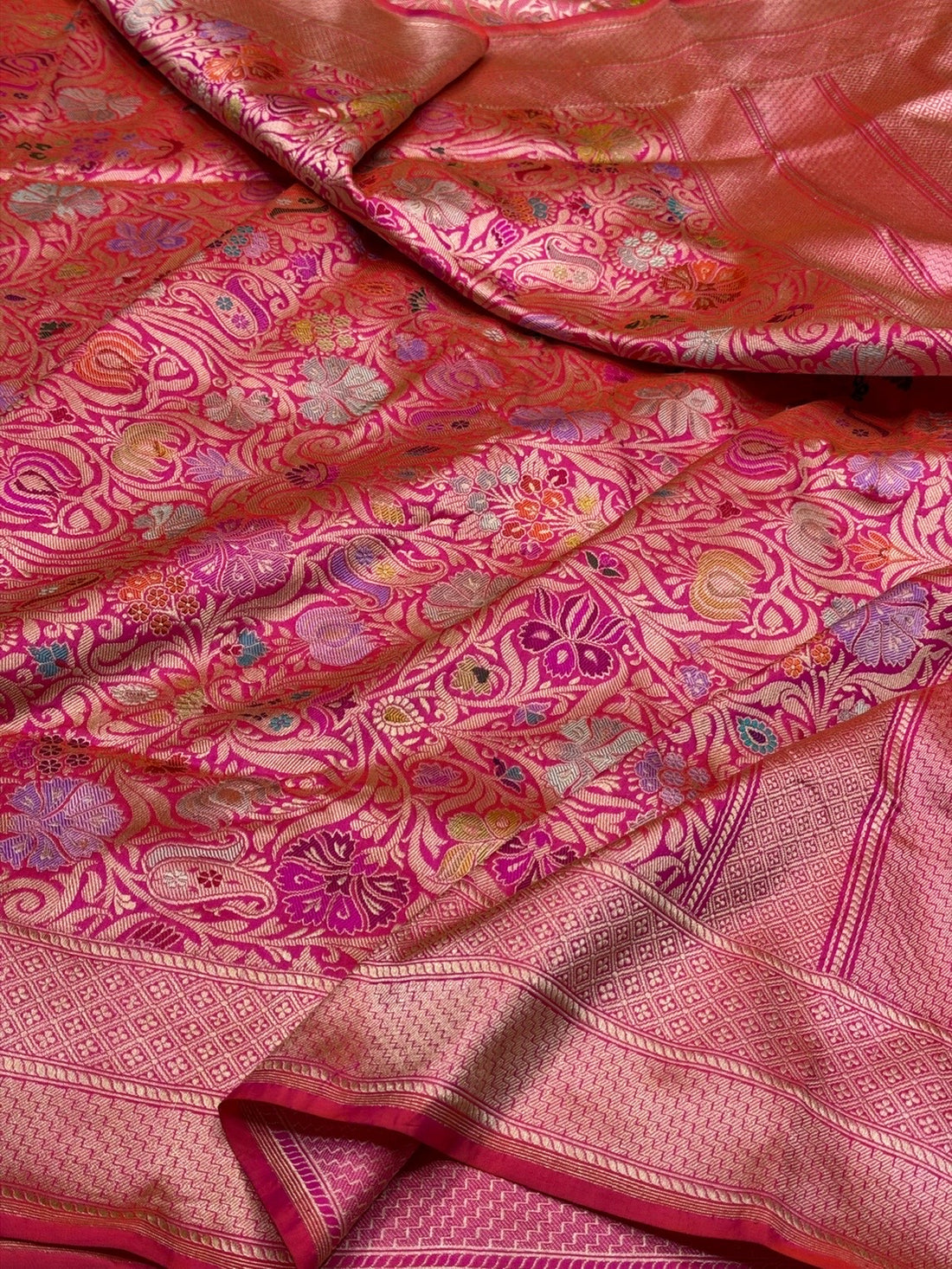 Rani Pink Handwoven Kimkhab Pure Banarasi Silk Brocade Saree – 100% Katan Mulberry Silk