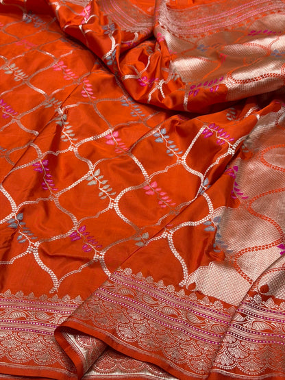 Orange Handwoven Pure Banarasi Silk Saree – Kadwa Katan Mulberry Silk | Authentic Banaras Handloom