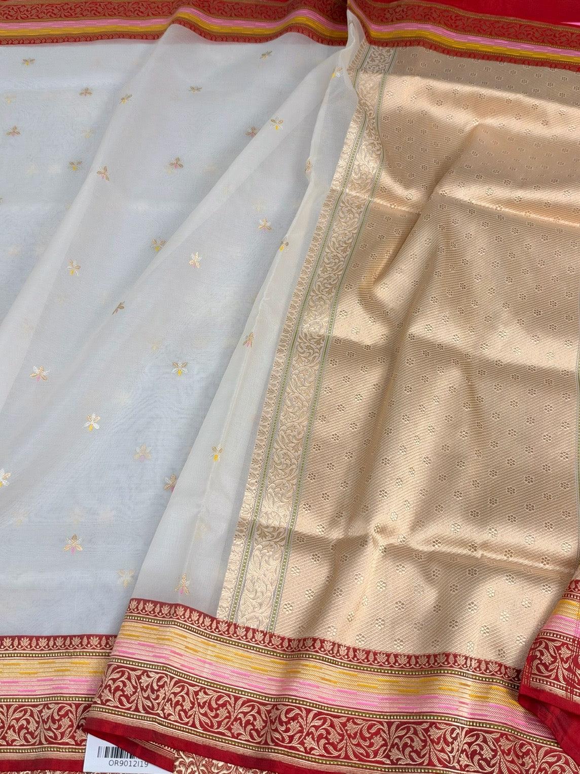 White/Red Handwoven Pure Banarasi Organza Silk Saree