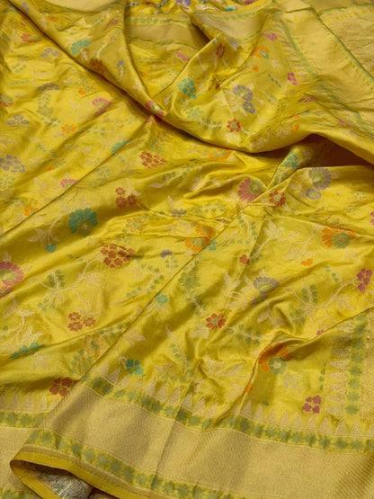 Yellow Handwoven Pure Banarasi Ektara Silk Saree – Authentic Kadwa Weave