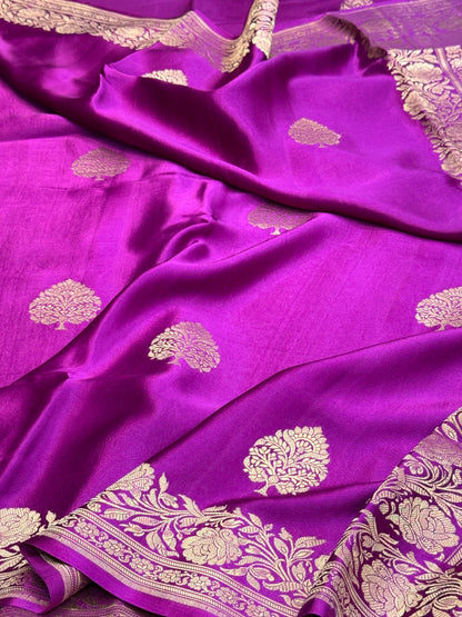 Majenta Pink Handwoven Pure Mashru Banarasi Satin Silk Saree – Kadwa Weave | Authentic Banaras Handloom