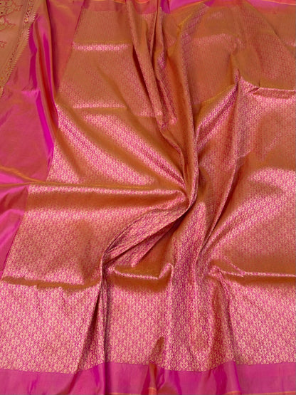 Orangish Pink Handwoven Pure Banarasi Katan Silk Saree