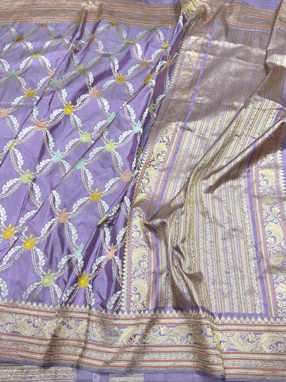 Lavender Handwoven Pure Banarasi Silk Saree – Kadwa Weave in 100% Katan Mulberry Silk