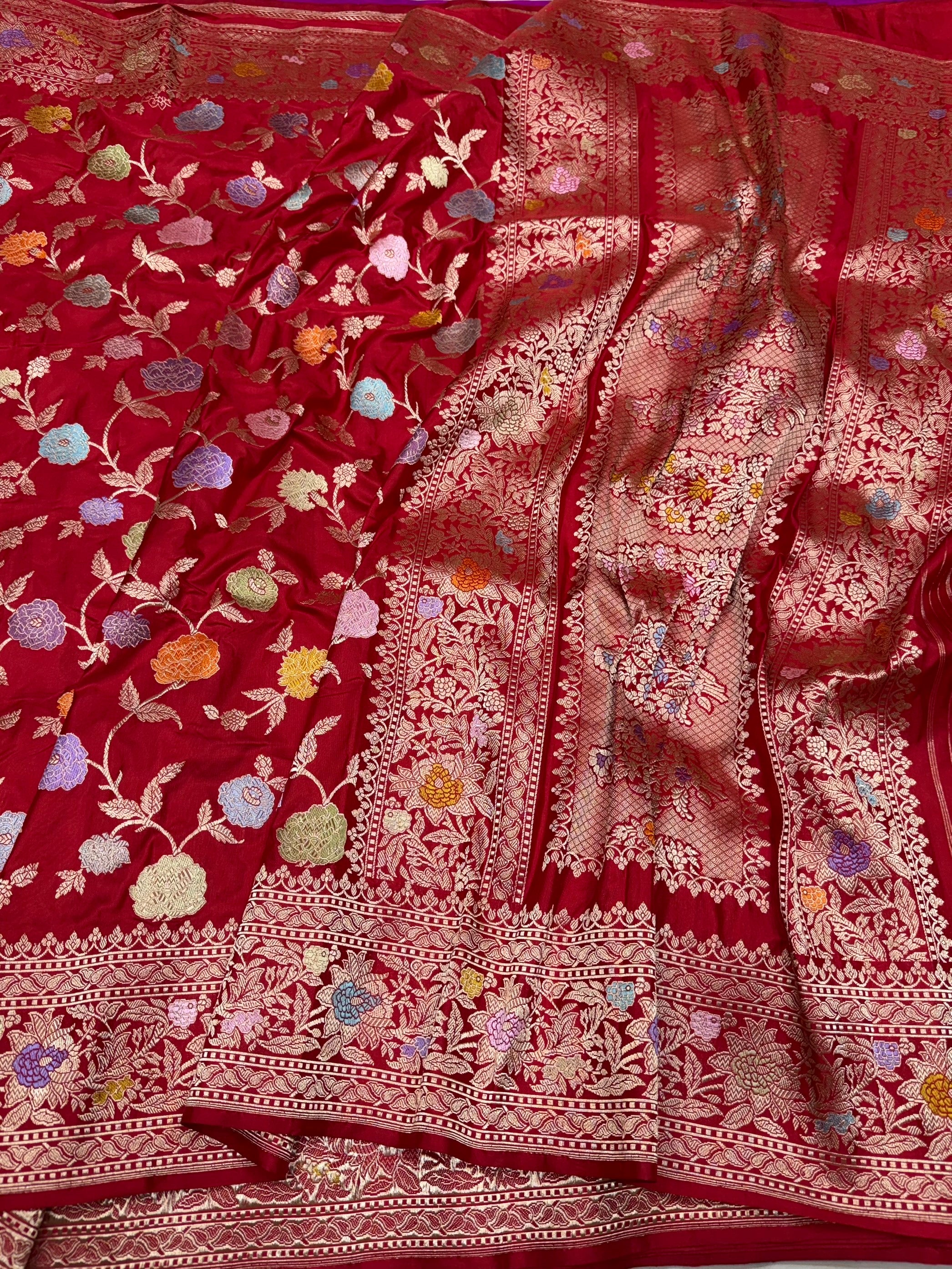 Red Handwoven Pure Banarasi Silk Saree in Kadwa Weave – Katan Mulberry Silk