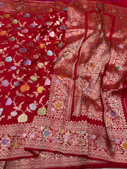 Red Handwoven Pure Banarasi Silk Saree in Kadwa Weave – Katan Mulberry Silk