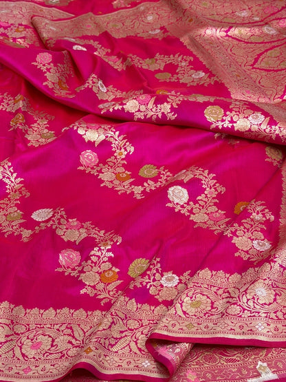 Rani pink Banarasi Pure Katan Silk Saree