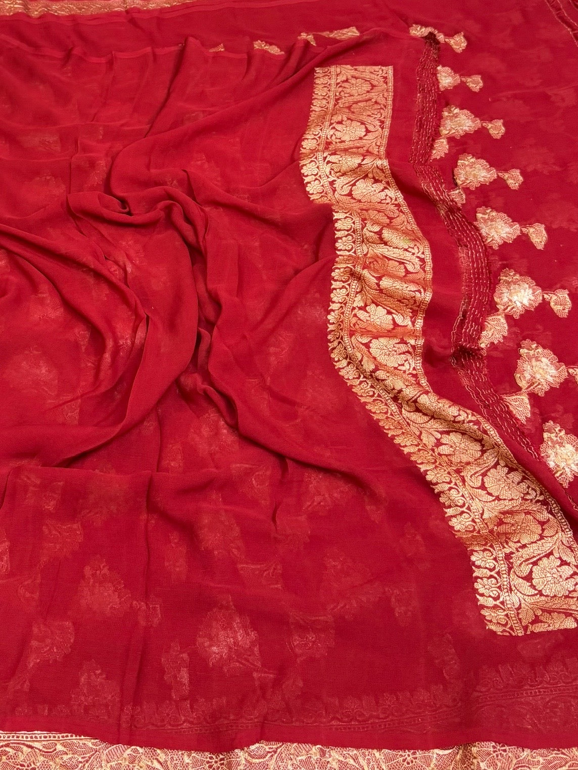 Red Handwoven Katan Georgette Saree