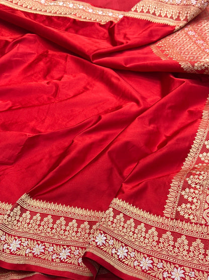 Red Handwoven Pure Banarasi Mashru Satin Silk Saree