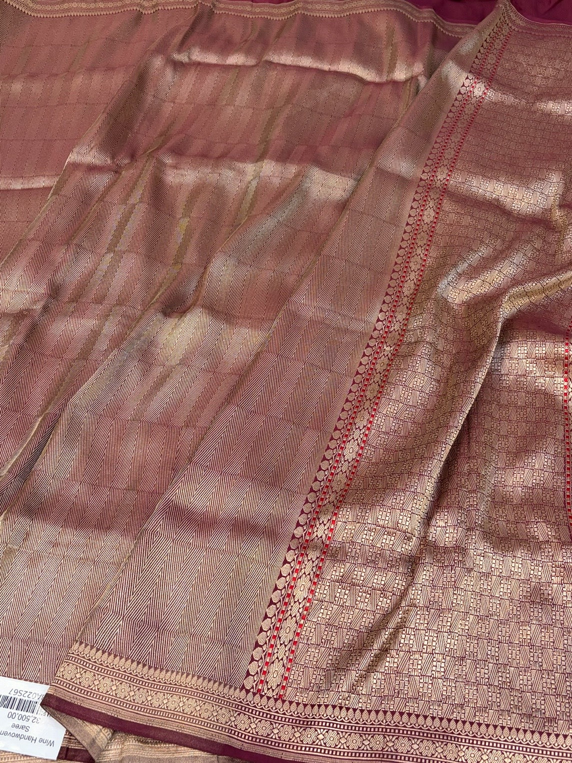 Wine Handwoven Pure Banarasi Satin Tanchoi Silk Saree – Luxury Wedding &amp; Festive Handloom