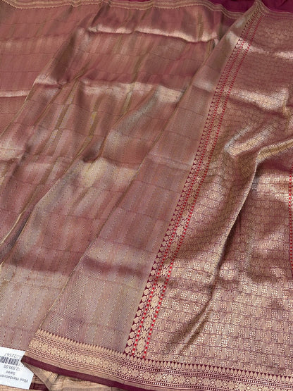 Wine Handwoven Pure Banarasi Satin Tanchoi Silk Saree – Luxury Wedding &amp; Festive Handloom