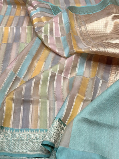 Sky Blue Handwoven Pure Organza Rangkaat Silk Saree – Kadwa Weave, Pure Kora-Mulberry Silk