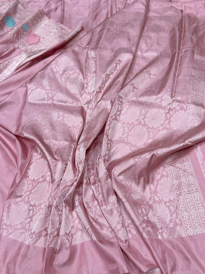 Powder Pink Handwoven Pure Banarasi Ektara Silk Saree – Kadwa Iktara Weave, Pure Mulberry Silk