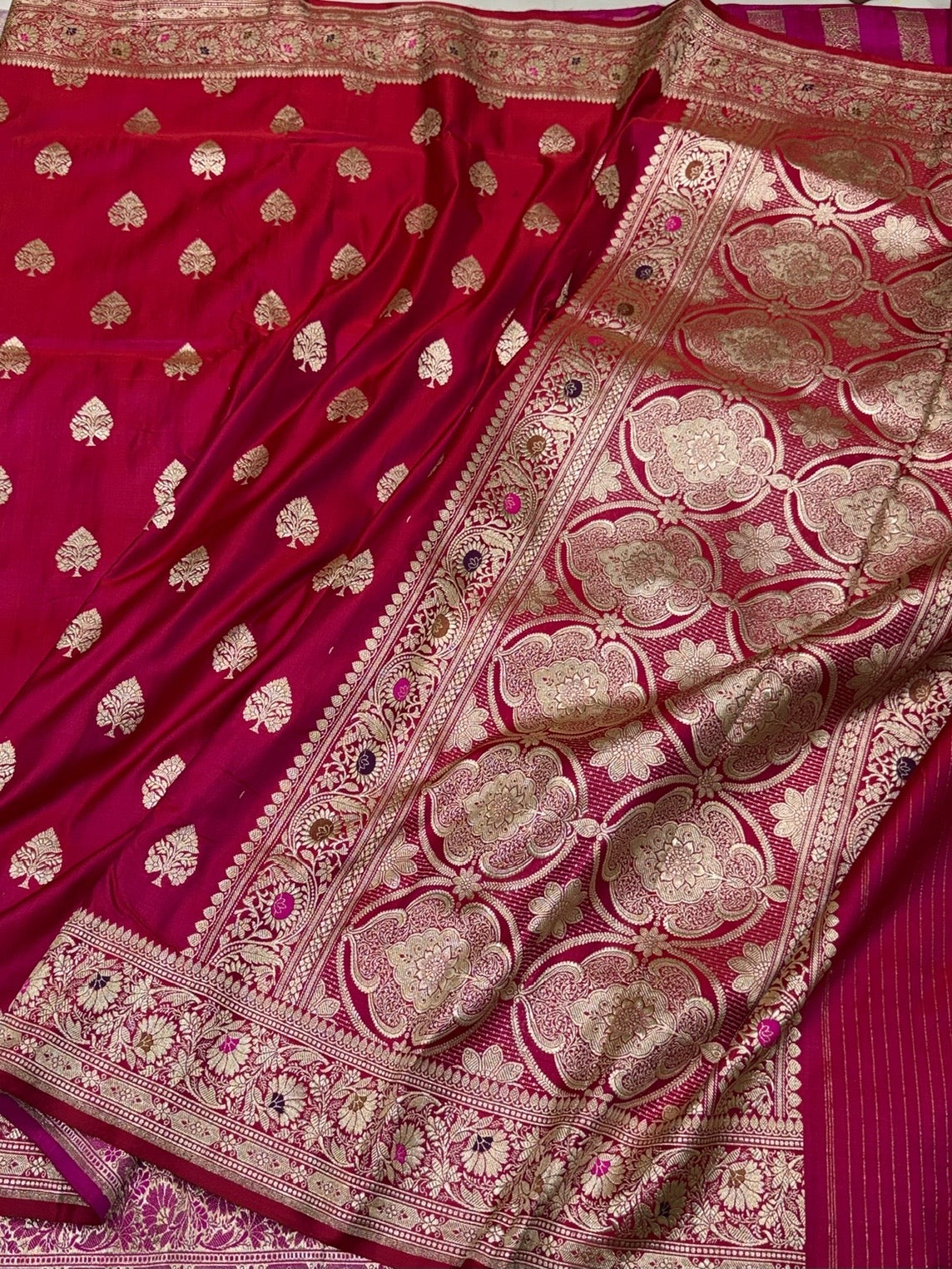 Red Handwoven Vintage Pure Banarasi Satin Silk Saree
