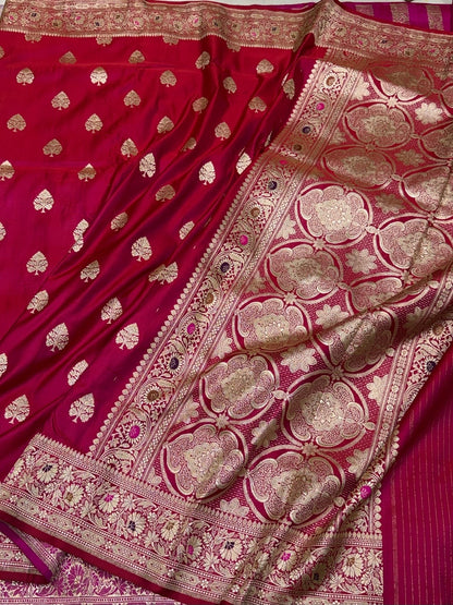 Red Handwoven Vintage Pure Banarasi Satin Silk Saree