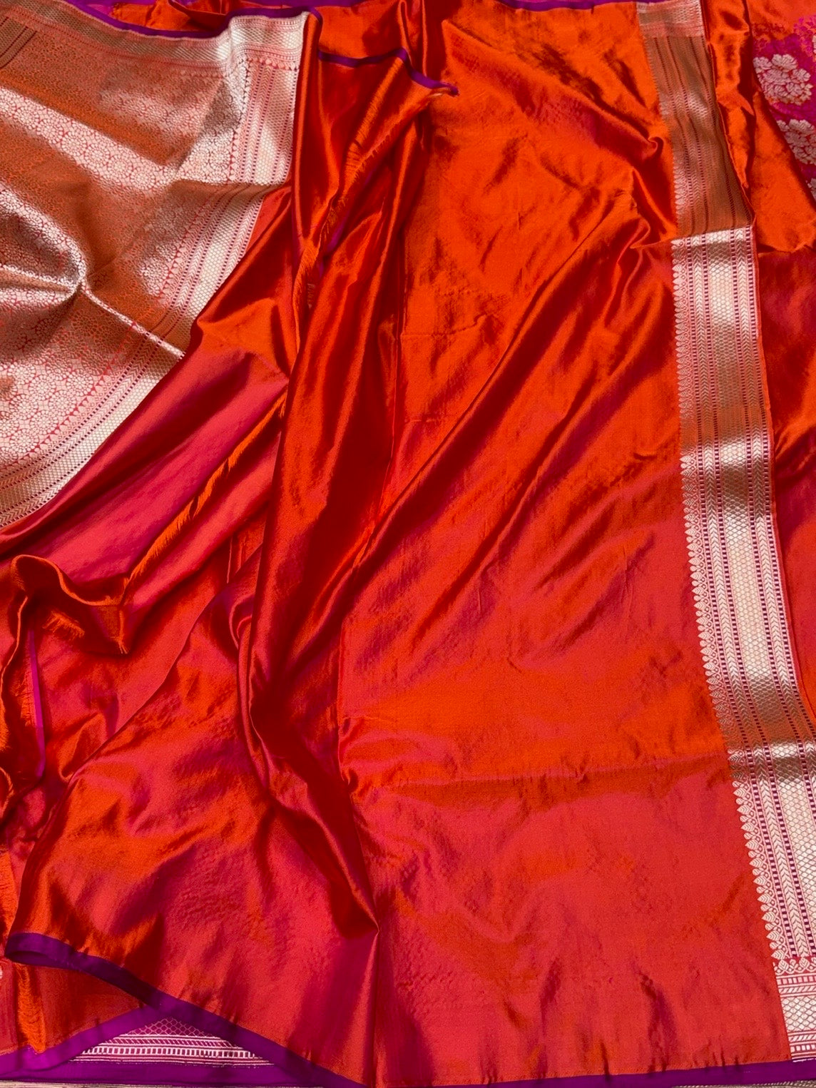 Orangish Pink Handwoven Pure Banarasi Satin Tanchoi Silk Saree – Kadwa Weave | Authentic Banaras Handloom
