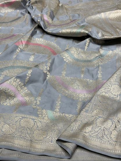 Ash Grey Handwoven Pure Banarasi Silk Saree – Kadwa Weave in 100% Katan Mulberry Silk