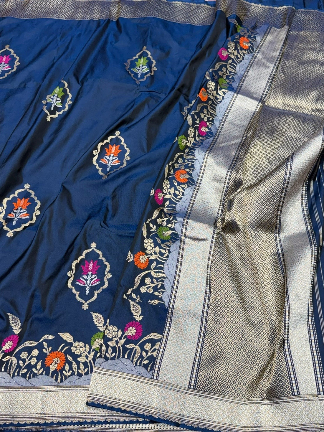 Navy Blue Handwoven Pure Banarasi Ektara Silk Saree – Kadwa Iktara Weave, Pure Mulberry Silk