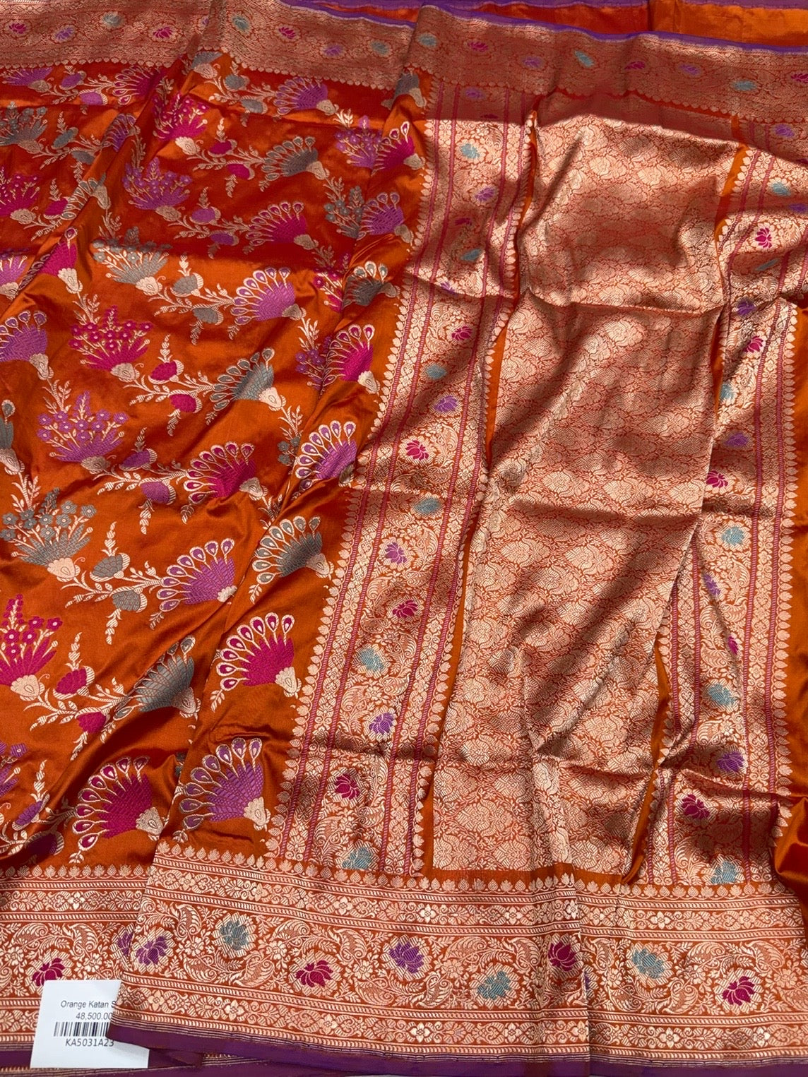 Orange Handwoven Pure Banarasi Silk Saree in Kadwa Weave