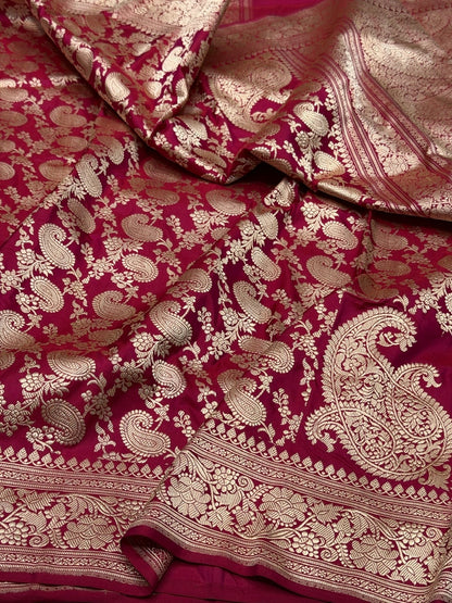 Reddish Pink Handwoven Pure Banarasi Silk Saree | Pure Katan Silk | Kadwa Weave | HMR Handlooms