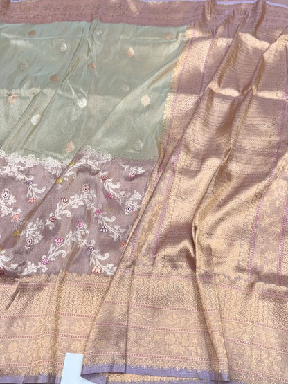 Soft Sea Green Handwoven Pure Banarasi Tissue Saree in Kadwa Weave | Pure Katan Tissue Silk
