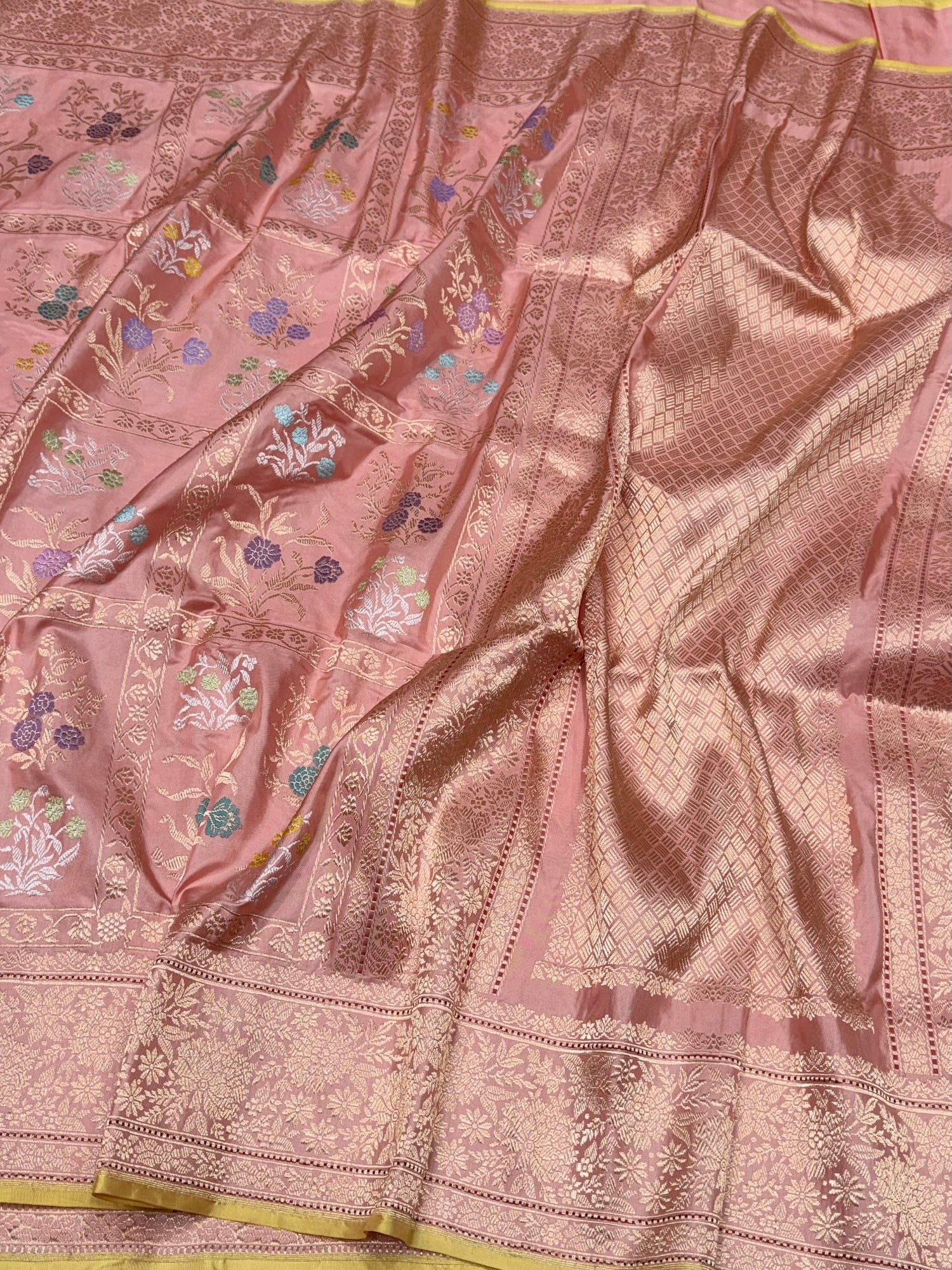 Peach Handwoven Pure Banarasi Silk Saree – Kadwa Weave | Authentic Katan Mulberry Silk