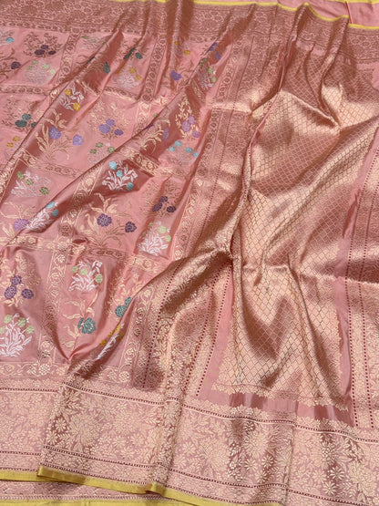 Peach Handwoven Pure Banarasi Silk Saree – Kadwa Weave | Authentic Katan Mulberry Silk