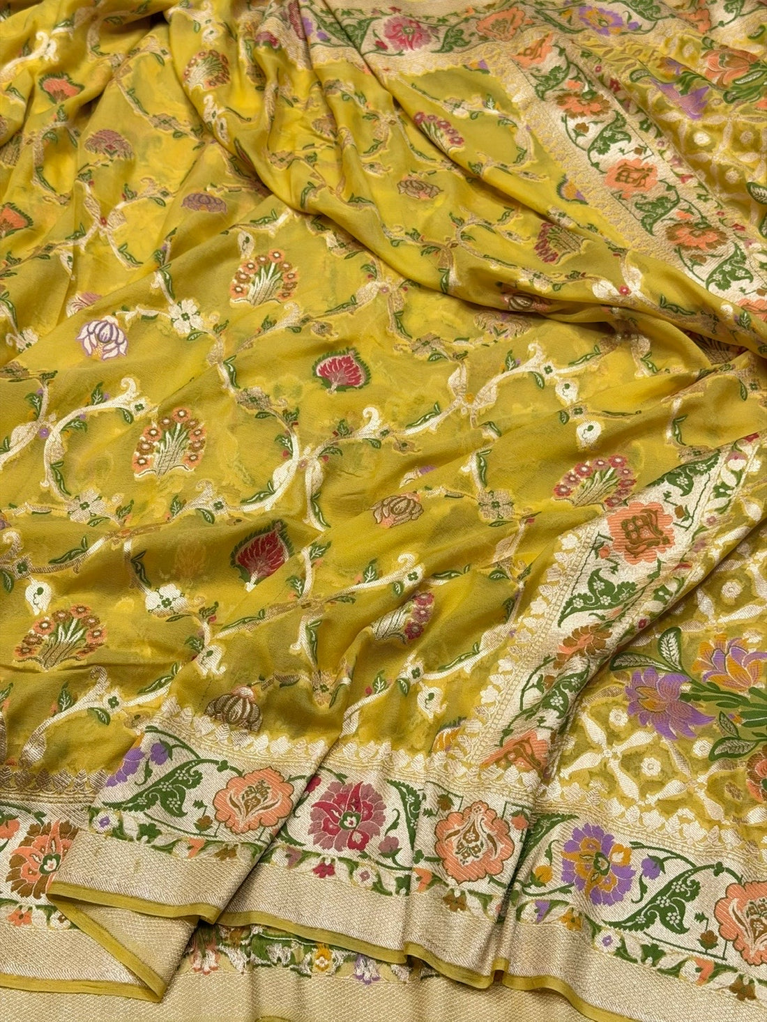 Yellow Pure Banarasi Chiffon Georgette Saree