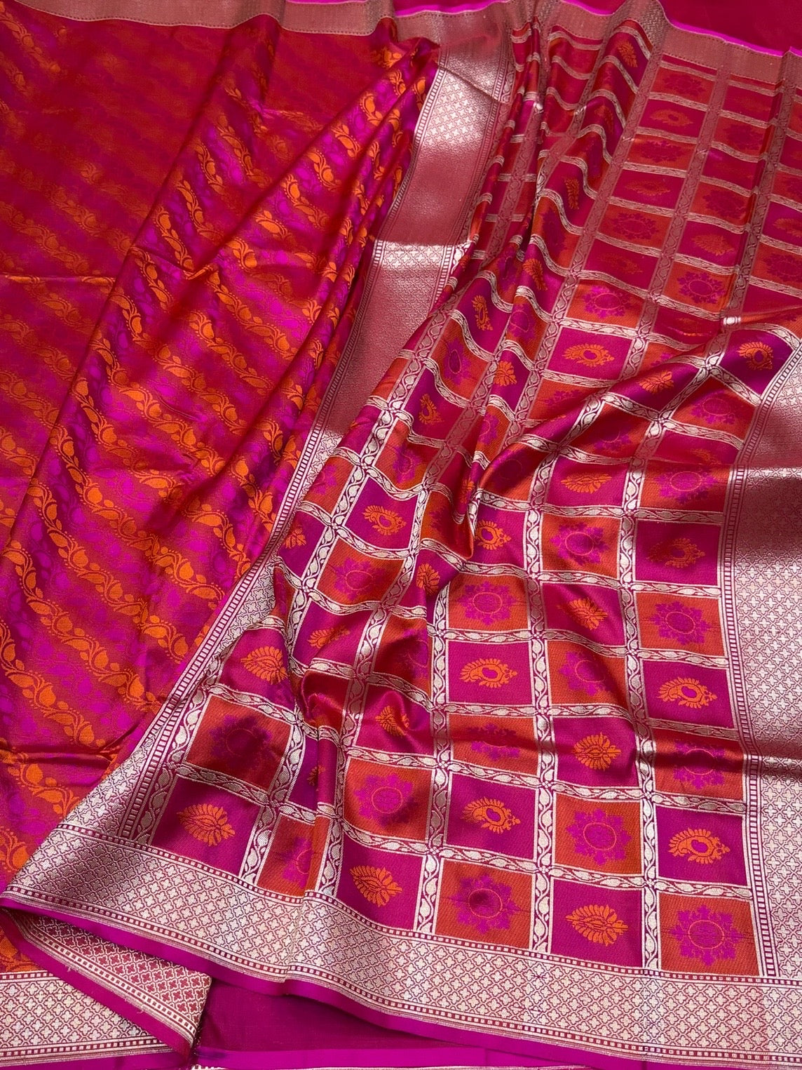 Rani Pink Handwoven Pure Banarasi Satin Silk Saree – Traditional Kadwa Weave in 100% Pure Satin Silk