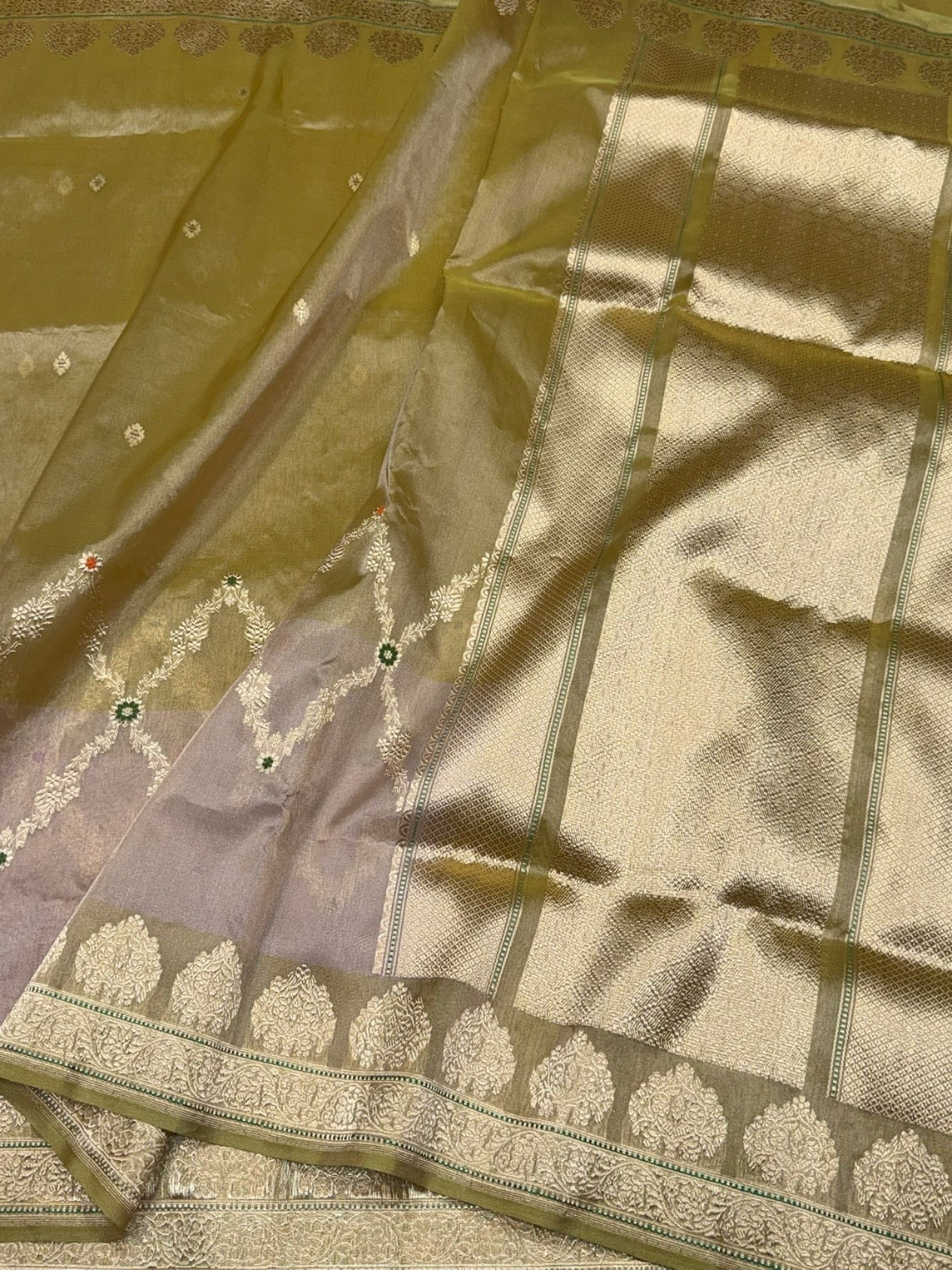 Mehndi Yellow Handwoven Pure Banarasi Tissue Saree