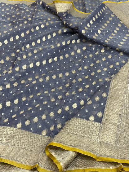 Bluish Grey Pure Banarasi Kora Cotton Saree