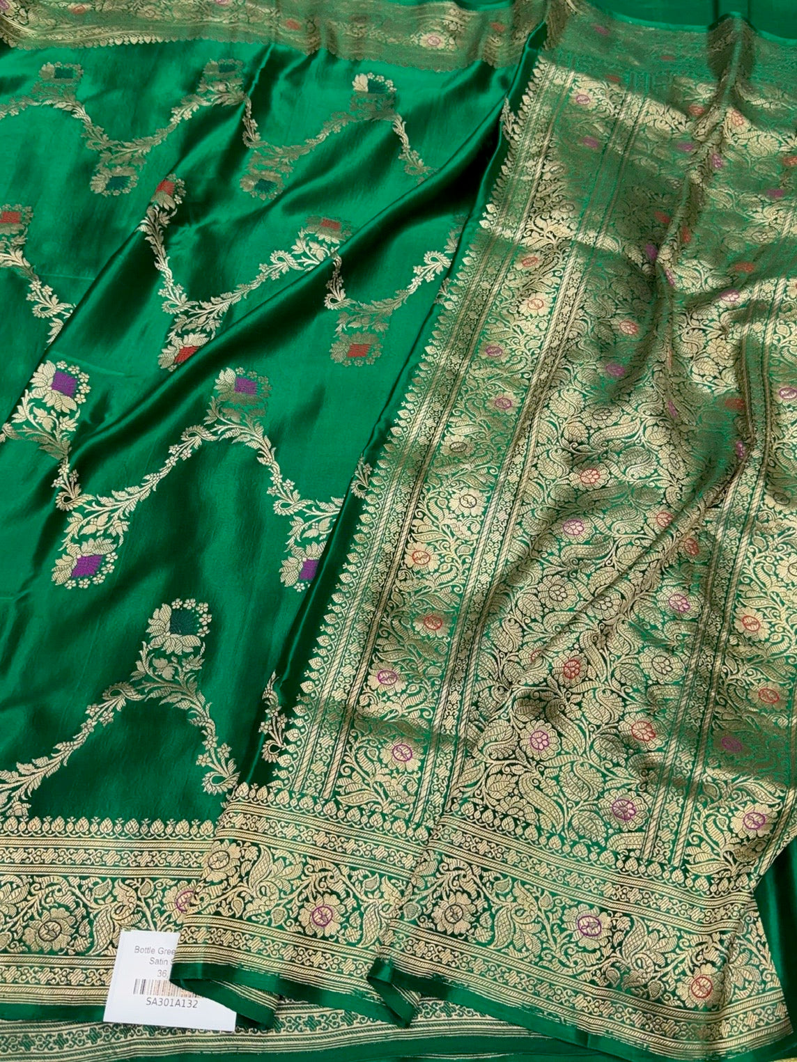 Bottle Green Handwoven Pure Mashru Banarasi Satin Silk Saree