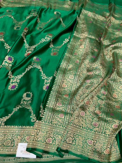 Bottle Green Handwoven Pure Mashru Banarasi Satin Silk Saree