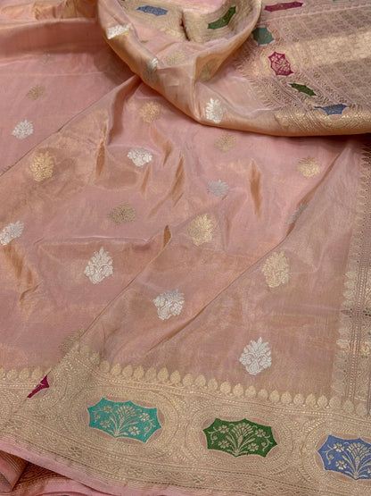 Peach Handwoven Pure Banarasi Tissue Silk Saree