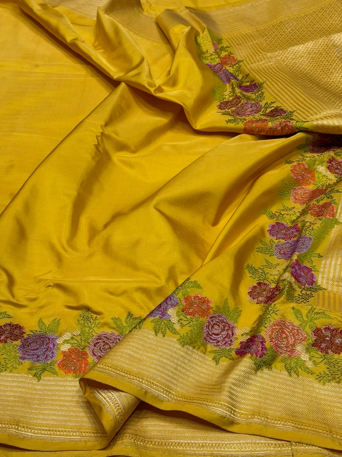 Mustard Yellow Handwoven Pure Banarasi Katan Silk Saree – Kadwa Weave | Traditional Kadiyal Border | 100% Pure Mulberry Silk