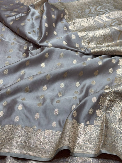 Grey Handwoven Vintage Pure Banarasi Satin Silk Saree