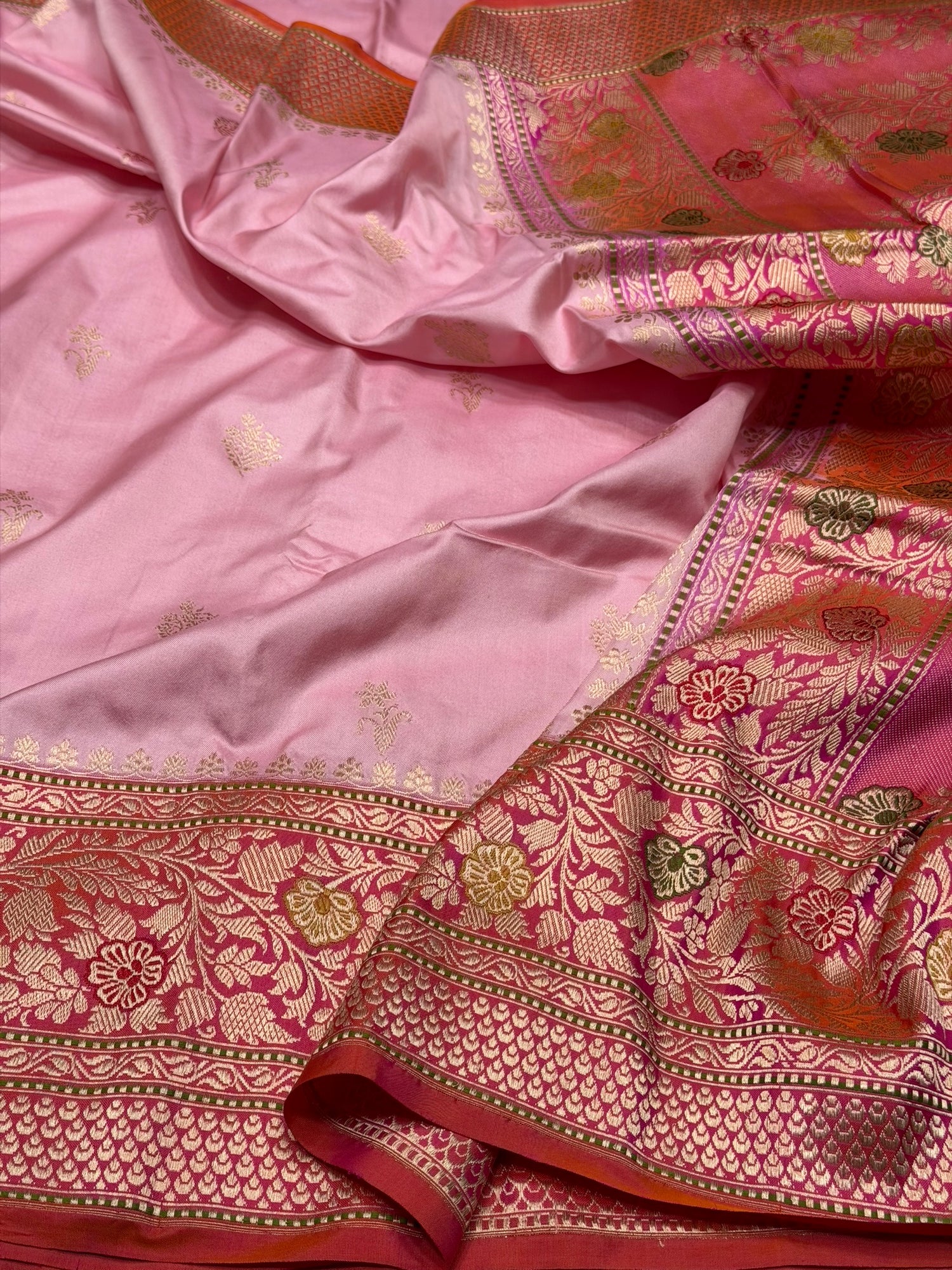 Powder Pink Pure Banarasi Katan Ektara Silk Saree – Handwoven Kadwa Booti