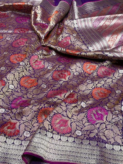 Purple Handwoven Pure Banarasi Satin Silk Brocade Saree – Luxury Brocade Work