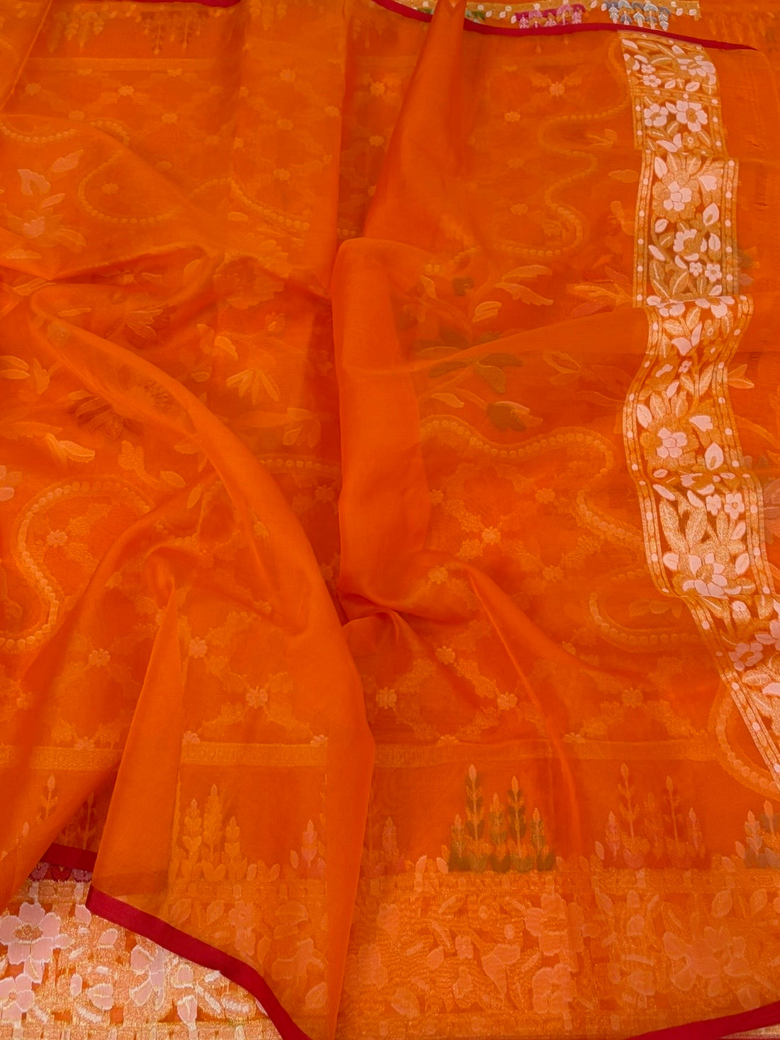 Orange Banarasi Pure Kora Jamdani Saree