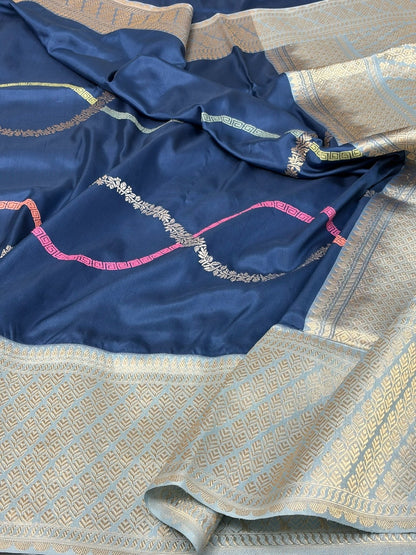 Navy Blue Handwoven Pure Banarasi Ektara Silk Saree