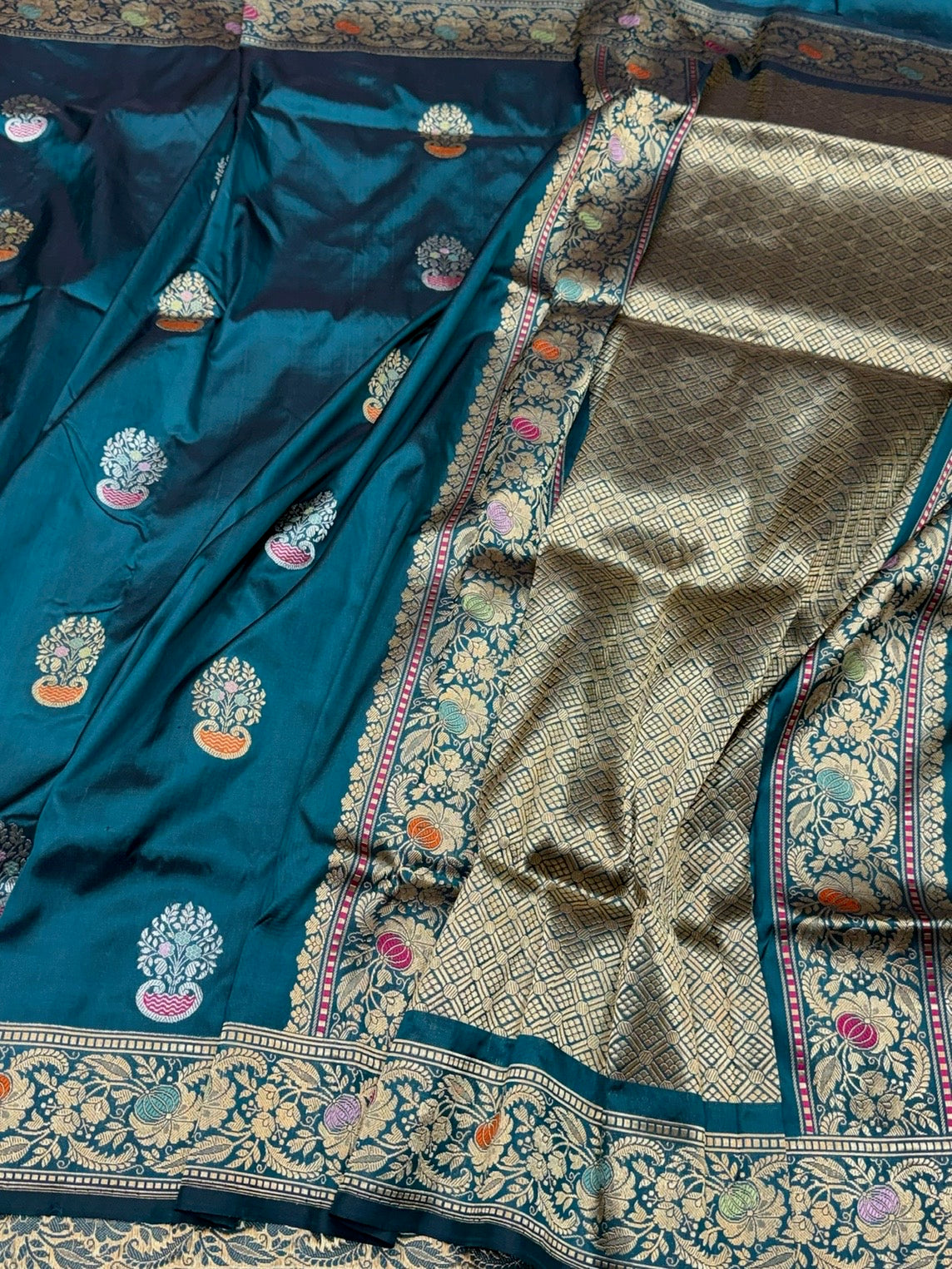 Teal Blue Handwoven Pure Banarasi Silk Saree in Kadwa Weave – 100% Katan Mulberry Silk