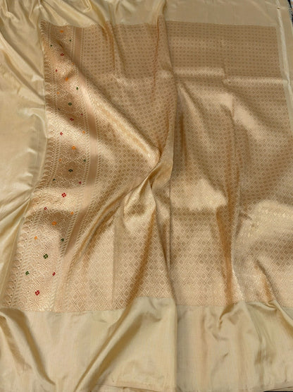Ivory Cream Handwoven Pure Banarasi Ektara Silk Saree
