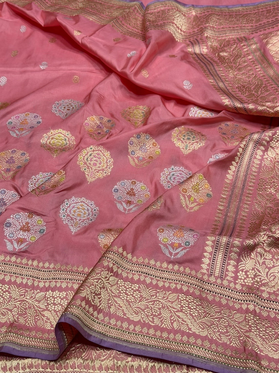 Peach Handwoven Pure Banarasi Silk Saree in Kadwa Weave – 100% Katan Mulberry Silk
