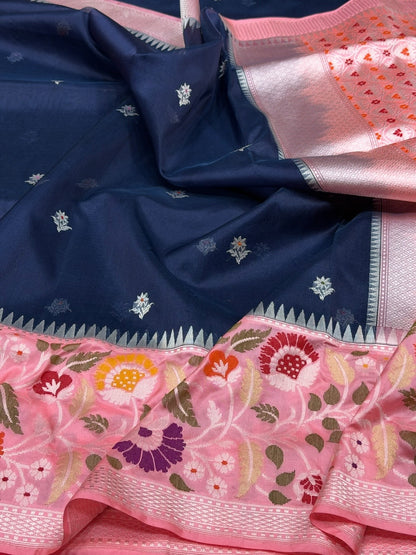 Navy Blue Handwoven Pure Banarasi Organza Silk Saree in Kadwa Weave | 100% Pure Kora Silk