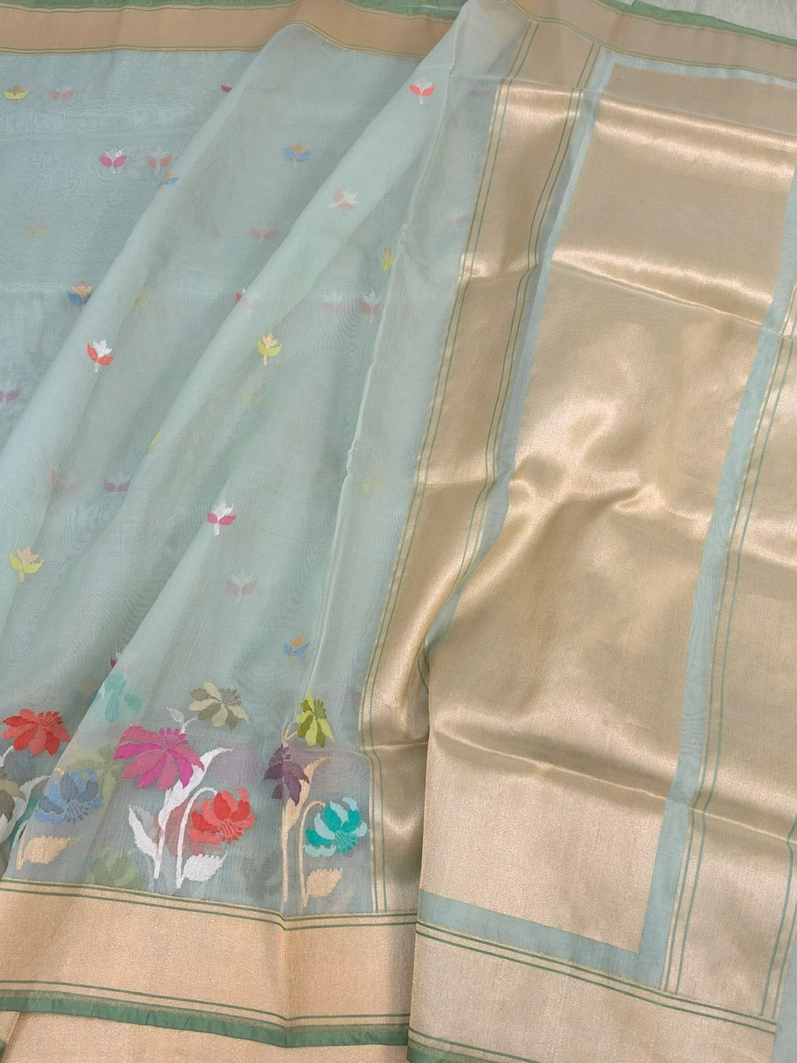 Sea Green Handwoven Pure Banarasi Kora Jamdani Silk Saree