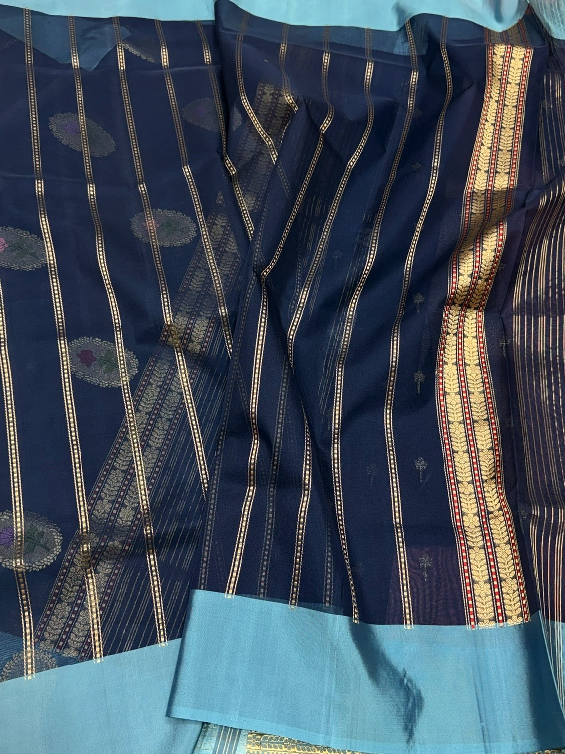 Navy Blue Handwoven Pure Banarasi Organza Silk Saree – Kadwa Weave in Kora Mulberry Silk