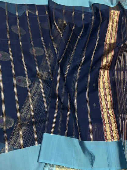 Navy Blue Handwoven Pure Banarasi Organza Silk Saree – Kadwa Weave in Kora Mulberry Silk