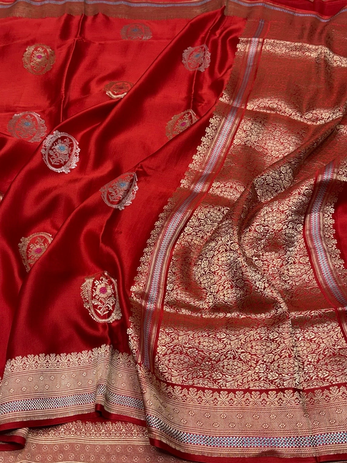 Brick Red Handwoven Pure Mashru Banarasi Satin Silk Saree – Kadwa Weave | Authentic Banaras Handloom