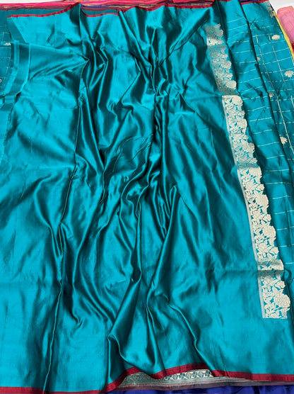 Teal Blue Handwoven Pure Banarasi Mashru Satin Silk Saree – Kadwa Weave | Pure Satin Silk | Luxury Check Pattern