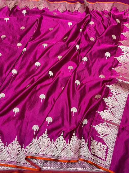 Magenta Pink Handwoven Pure Banarasi Satin Silk Saree – Kadwa Weave | 100% Pure Satin Silk | Authentic Banaras Handloom