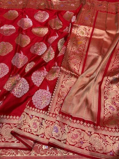 Red Handwoven Pure Banarasi Silk Saree in Kadwa Weave – Authentic Katan Mulberry Silk